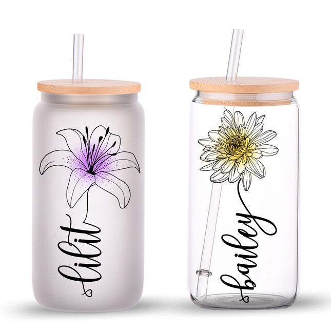 Tumbler, Frosted and Clean Glass, Birth Flower